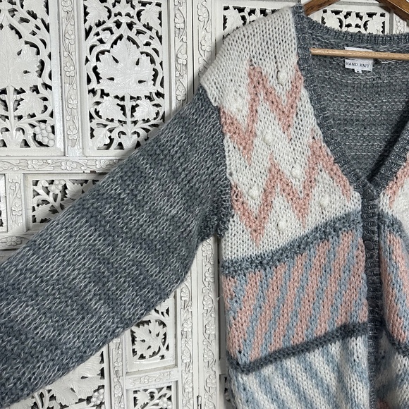 Vintage Handknit Grannycore Pink & Grey Chunky Cardigan Sz Medium - Picture 6 of 10